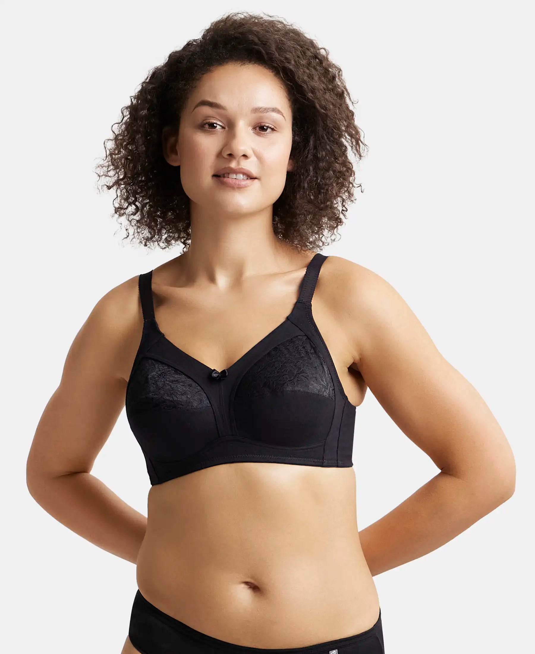 Wirefree Non Padded Super Combed Cotton Elastane Stretch Full Coverage Plus Size Bra with Lace Styling - Black Floral Lace Bra