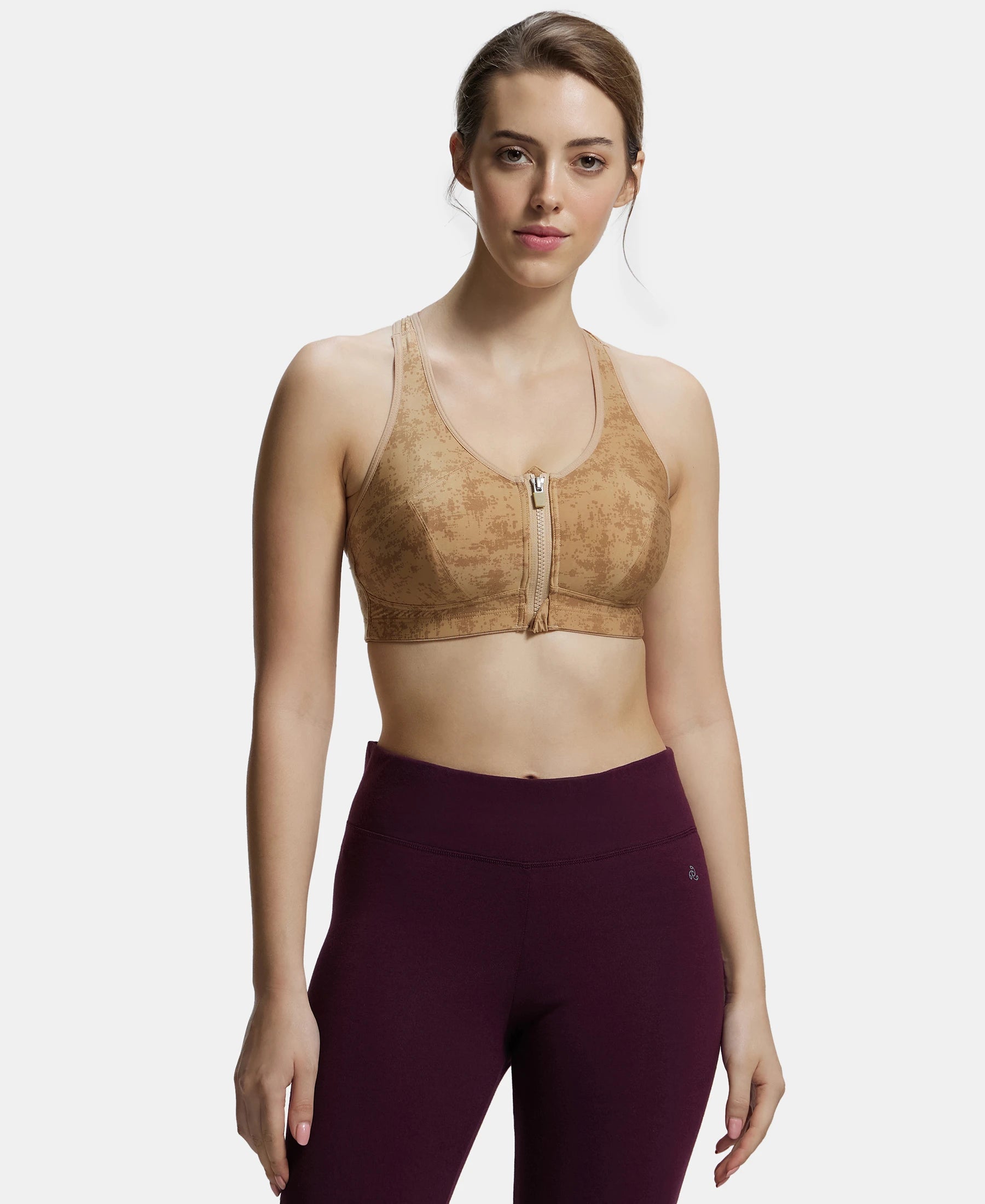 Wirefree Padded Microfiber Elastane Stretch Full Coverage Racerback Sports Bra with Front Zipper Styling - Skin Assorted Prints Breathable Sports Bra
