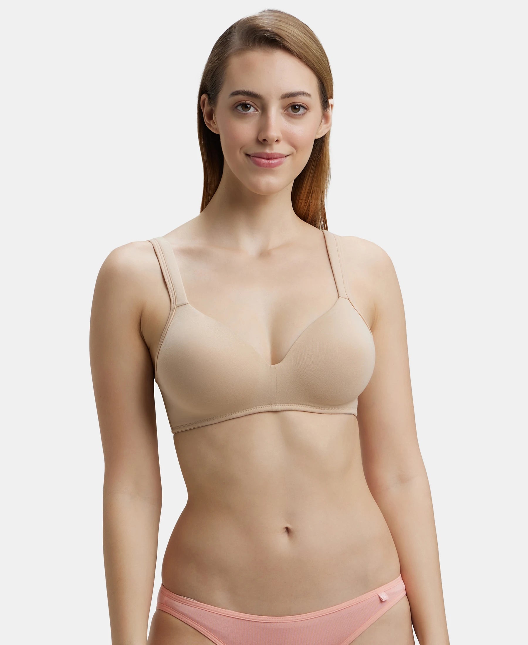 Wirefree Padded Super Combed Cotton Elastane Stretch Full Coverage Lounge Bra with Broad Cushioned Fabric Strap - Light Skin Chic Lace Bra Wirefree Padded Super Combed Cotton Elastane Stretch Full Coverage Lounge Bra with Broad Cushioned Fabric Strap - Light Skin Chic Lace Bra