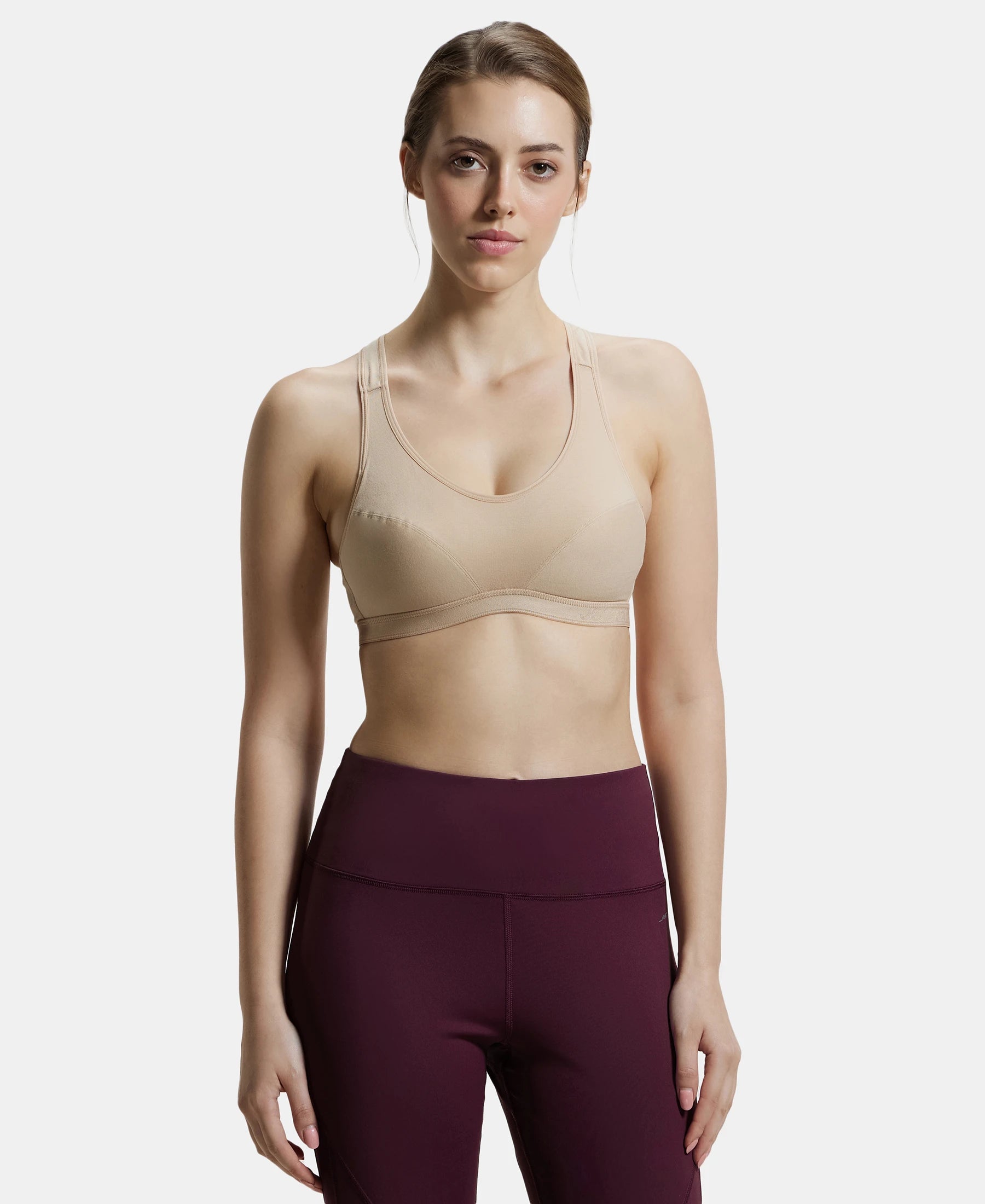 Wirefree Padded Super Combed Cotton Elastane Stretch Full Coverage Racerback Active Bra with StayFresh and Moisture Move Treatment - Skin Soft Mesh Bralette
