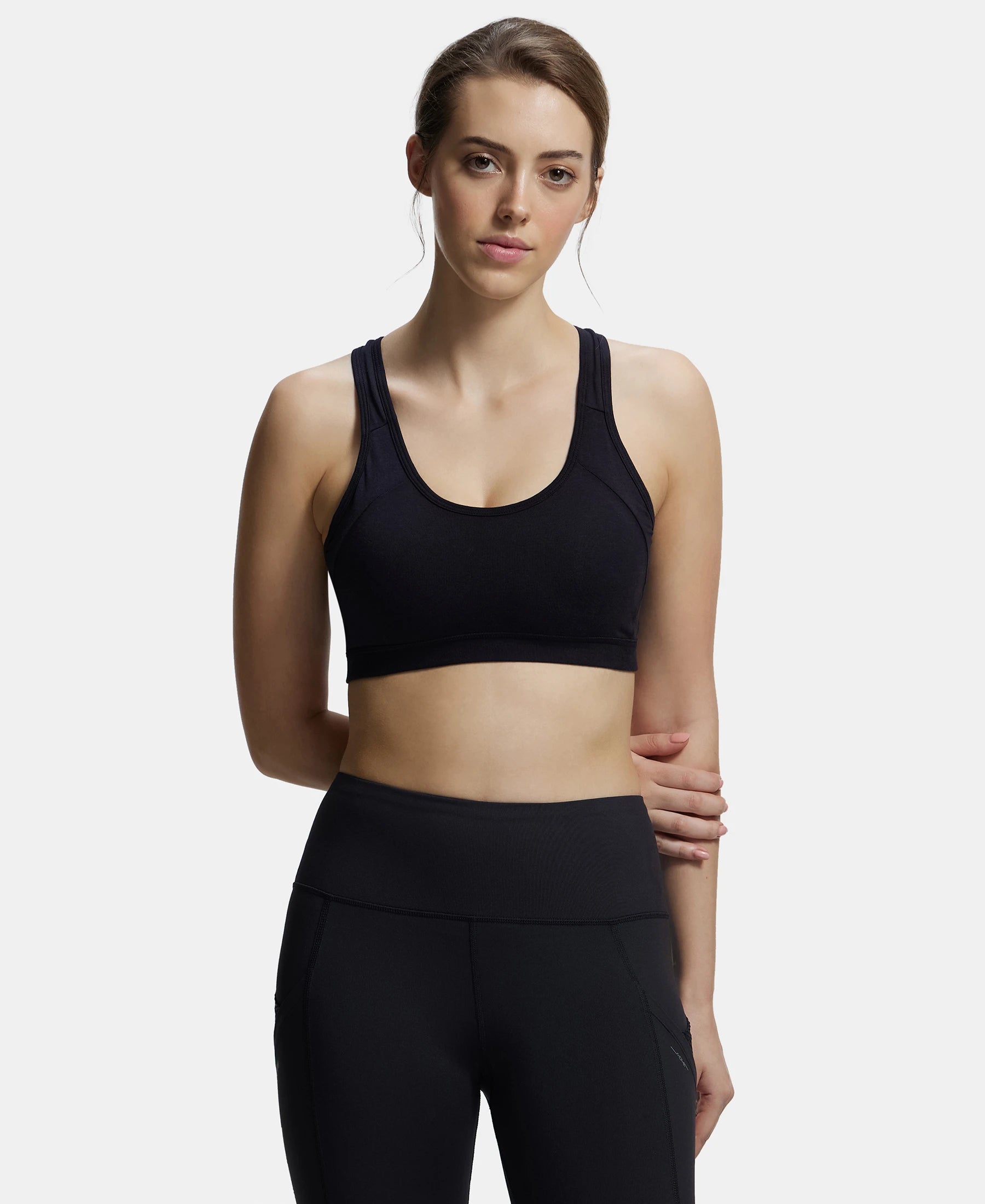 Wirefree Padded Super Combed Cotton Elastane Stretch Full Coverage Racerback Styling Active Bra with StayFresh and Moisture Move Treatment - Black Sporty Wireless Bra