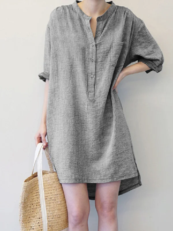 Women Vintage Striped Button Long Sleeve Shirt Mini Dress Trendy Mini Dress with Belt