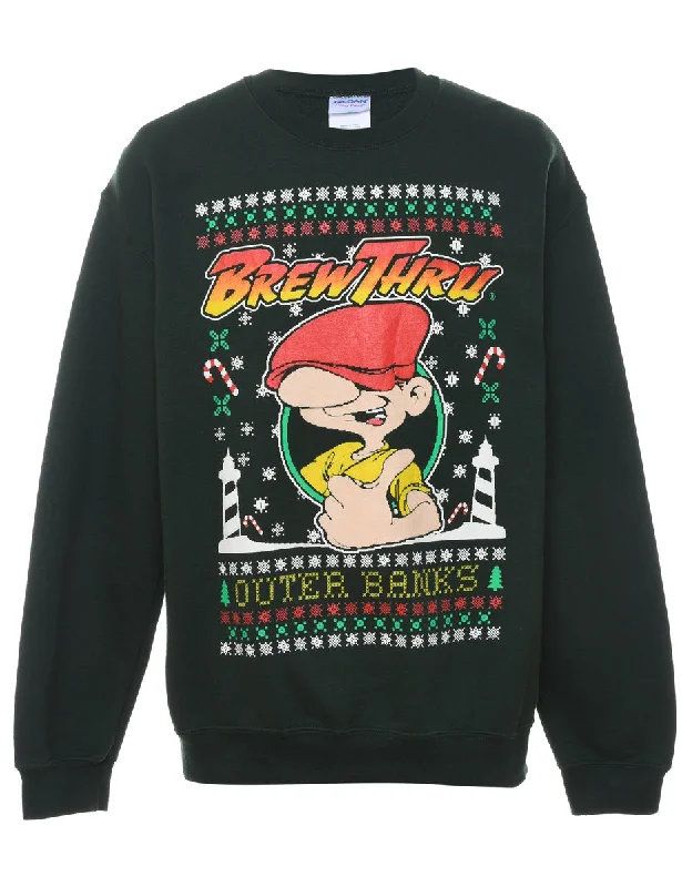 Brew Thru Multi-Colour Printed Christmas Sweatshirt - M Hoodie with Logo Branding Identity