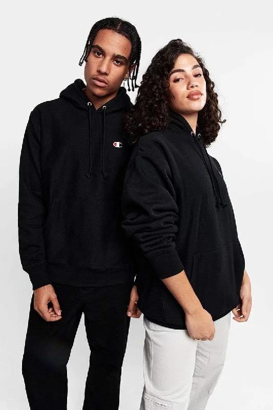 CHAMPION REVERSE WEAVE SMALL C UNISEX HOODIE - BLACK Hoodie with Crew Neck Simple Timeless