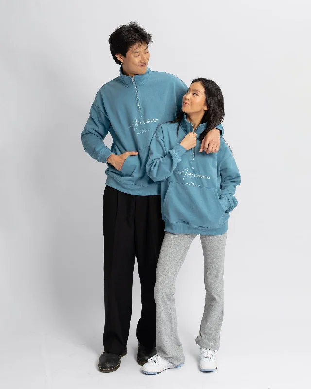 Do Nothing Collective 1/4 Zip Sweatshirt - Parisian Blue Hoodie with Button Classic Timeless