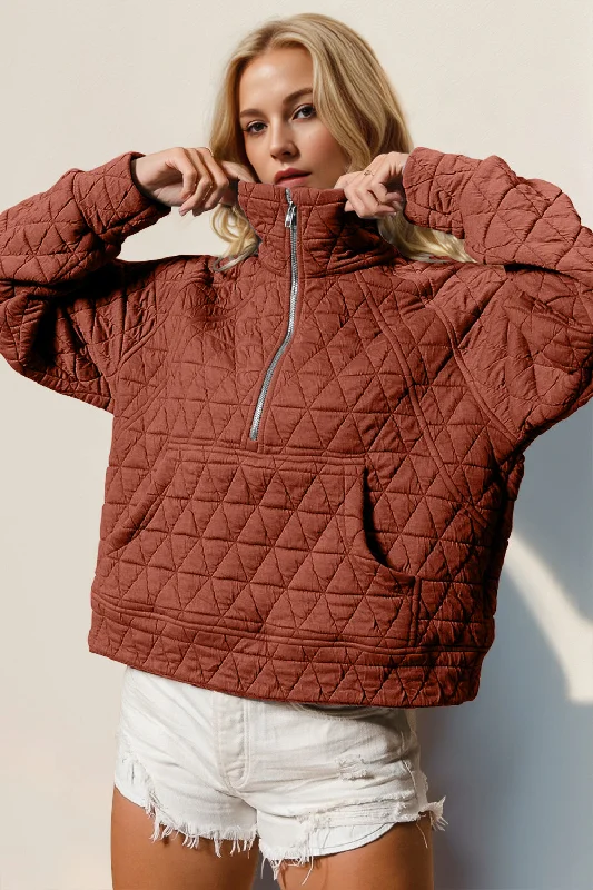 Double Take Half Zip Long Sleeve Quilted Sweatshirt with Pocket Hoodie with Fur Luxurious Winter