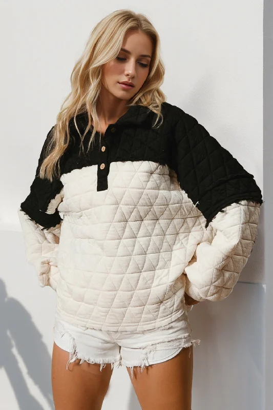 Double Take Quarter Button Contrast Long Sleeve Quilted Sweatshirt Hoodie with Hood Adjustable Protection