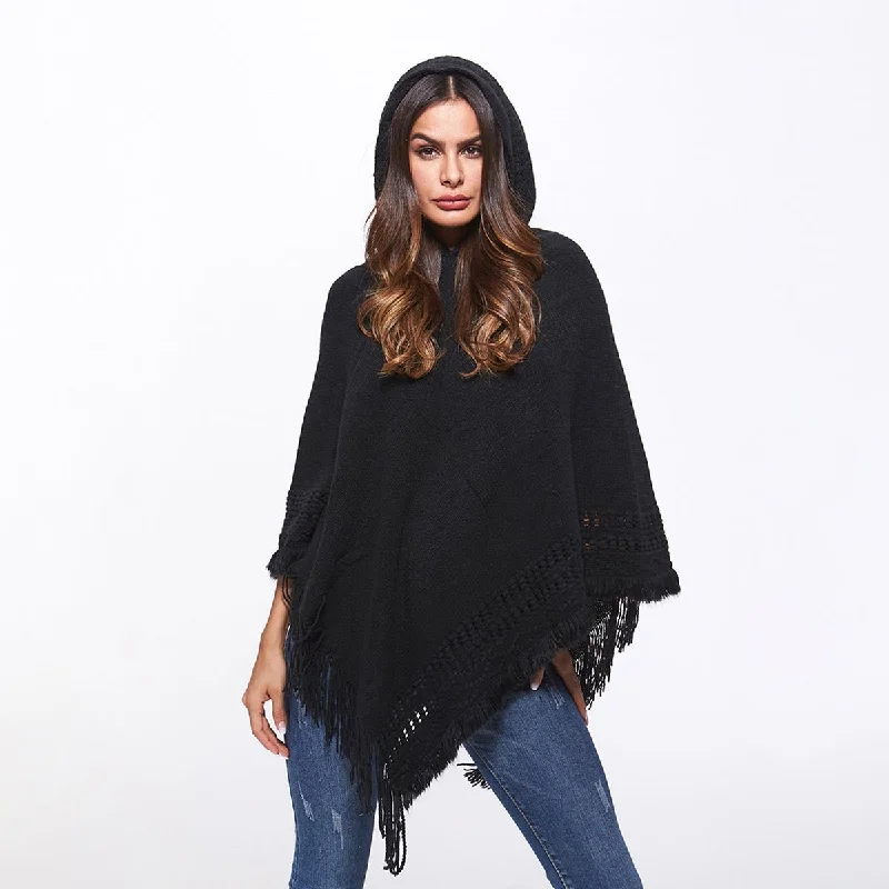 Openwork Fringe Hem Hooded Poncho Hoodie with Hidden Zipper Minimalist Clean