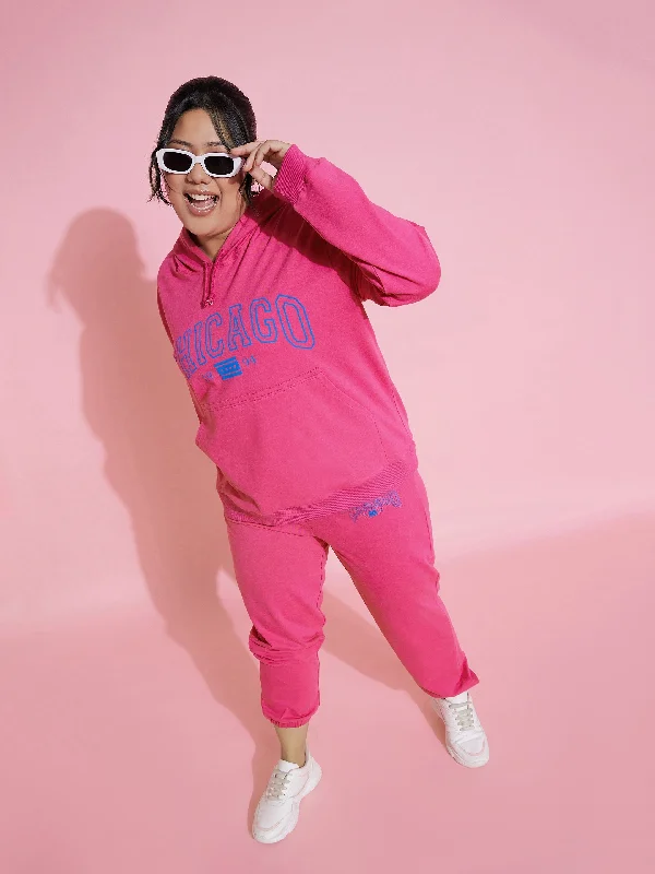 Women Pink CHICAGO Terry Hoodie With Joggers Hoodie with Puffed Sleeves Voluminous Trendy
