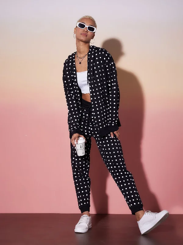 Women Black & White Polka Hoodie With Jogger Hoodie with Mesh Breathable Sporty
