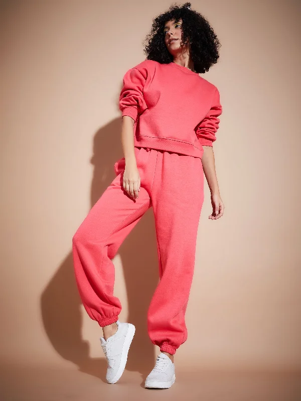 Women Pink Premium Fleece Oversized Sweatshirt With Joggers Hoodie with Drawcord Adjustable Secure
