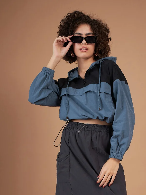 Women Black Colour Block Parachute Hoodie Hoodie with Neon Bright Vibrant