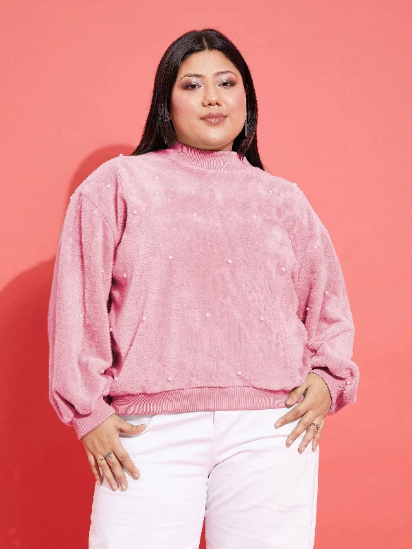 Women Pink Fleece Fur Pearl Detail Sweatshirt Hoodie with Color Block Contrast Stylish