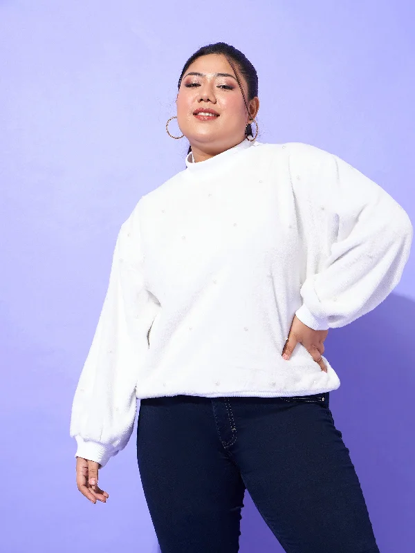 Women White Fleece Fur Pearl Detail Sweatshirt Hoodie with Applique Textured Unique