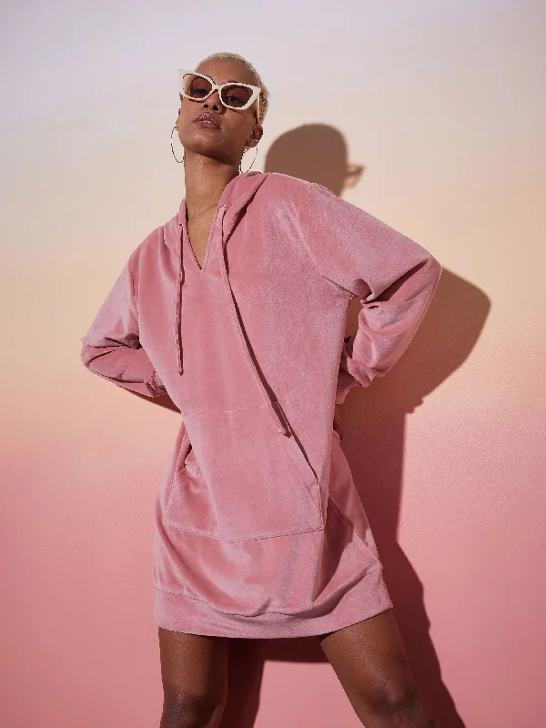 Women Pink Velour Solid Hoodie Hoodie with Rhinestones Sparkly Elegant