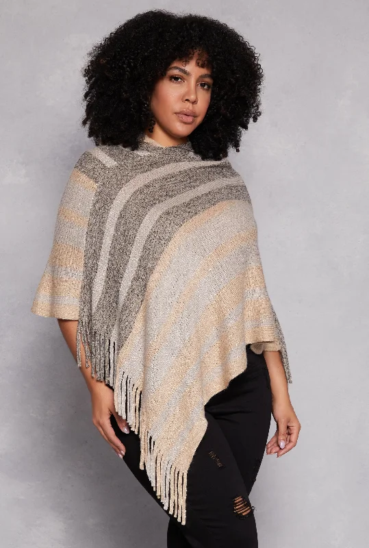 Brushed Knit Striped Detail Hooded Poncho Hoodie with Tied Waist Feminine Flattering