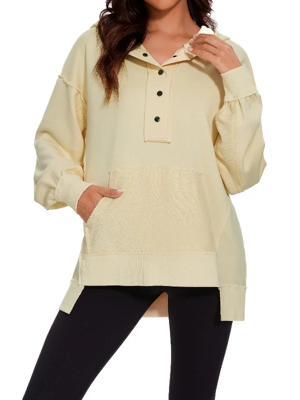 Womens Long Sleeve Hoodies Button Down Pullover Oversized Sweatshirts V Neck With Pockets Tops Hoodie with Typography Text Message