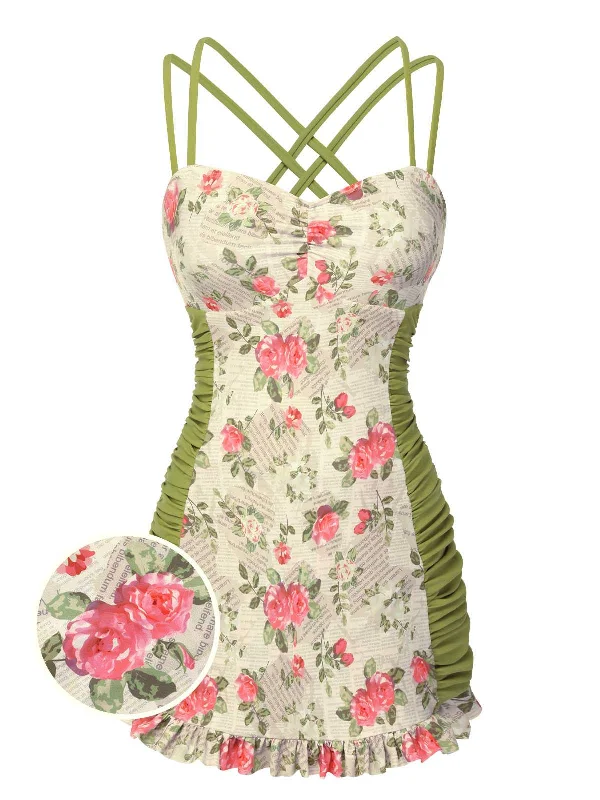 1940s Double Strap Pleated Roses One-Piece Swimsuit Sexy Monokini Swimsuit