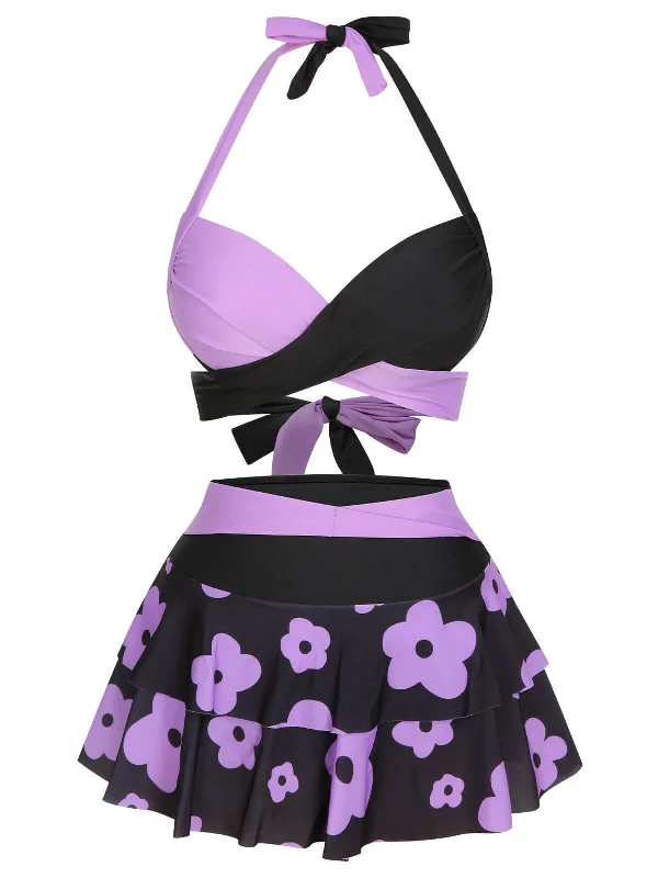 1950s Color Block Floral Halter Swimsuit Two-Piece Beachwear