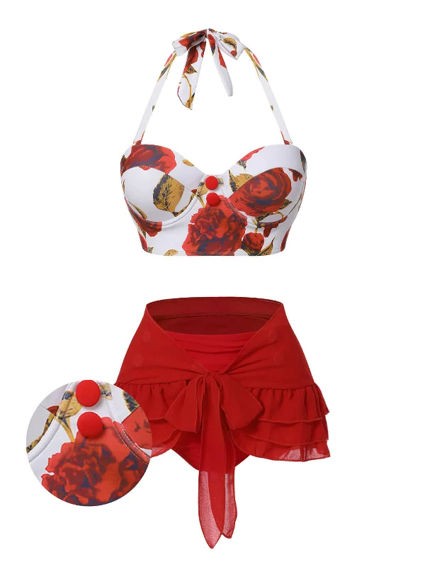 2PCS Red 1960s Roses Halter Swimsuit & Skirt Cover-Up High-Waisted Swimwear