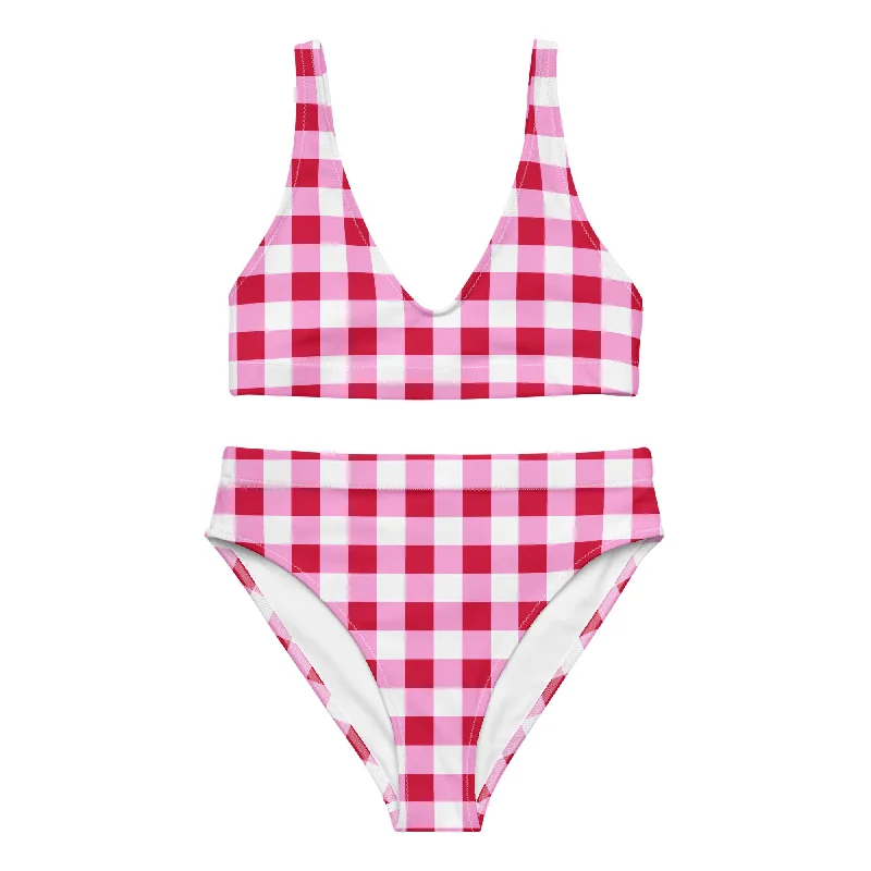 Cherry Red, White and Pink Gingham High Waisted Bikini Swimsuit Strapless Swimsuit Top Cherry Red, White and Pink Gingham High Waisted Bikini Swimsuit Strapless Swimsuit Top