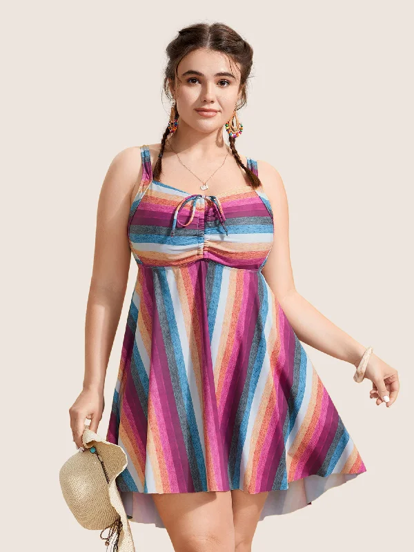 Contrast Striped Tie Knot Swim Dress Deep-V Swimsuit Design