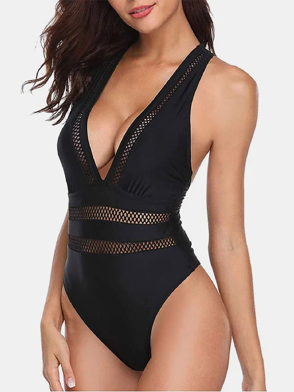 Crisscross Plunge Wide Strap One-Piece Swimwear Elegant Ruffle Swimsuit
