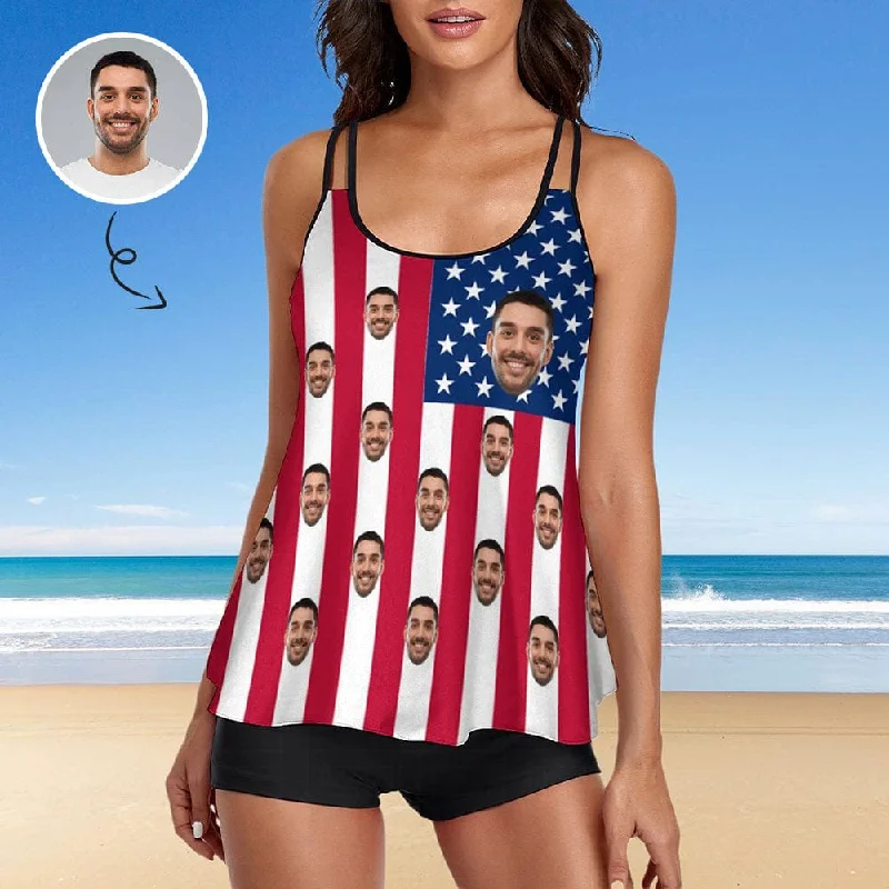 Custom Face American Flag Swimsuit Women's Tankini Personalized Two Piece Bathing Suit For Women Stylish Beachwear Set