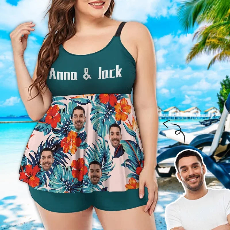 Plus Size Custom Face and Name Swimsuit Chest Pleat Swim Dress Women's 2 Piece Tankini Bathing Suit Halter Top Bikini