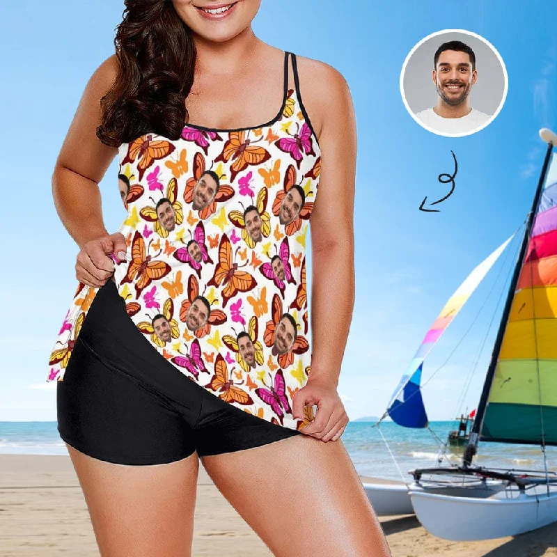 #Plus-Size Swimdress And Shorts Custom Face Butterfly Swimwear Women Swimsuit Tankini Bathing Suit For Women 2 Piece Swmsuit Stylish Swimsuit Set