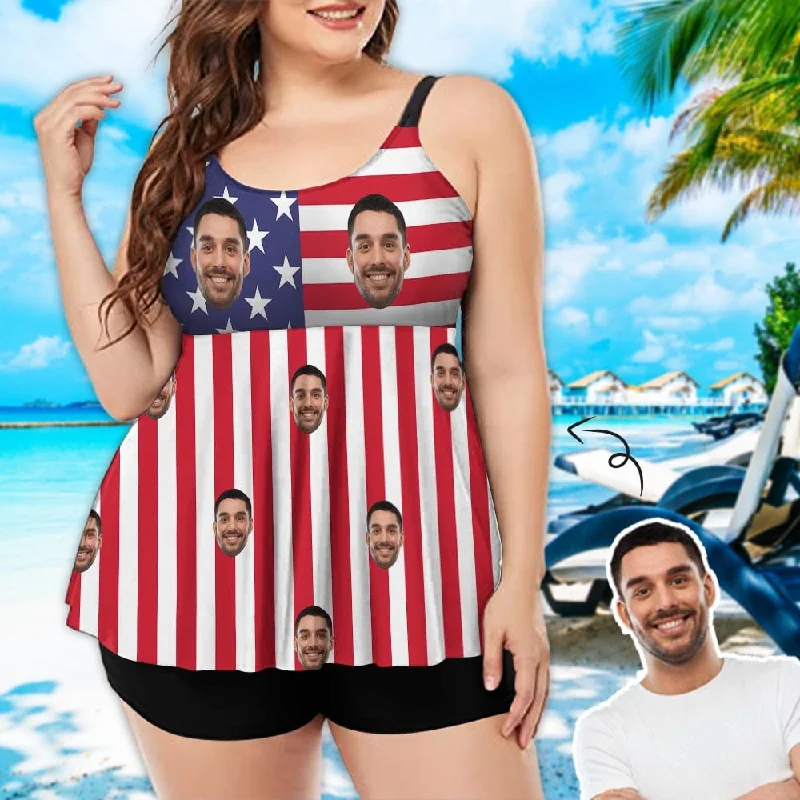 Plus Size Custom Face Flag Pentagram Swimsuit Chest Pleat Swim Dress Women's two Piece Tankini Plunge Neckline Swimsuit