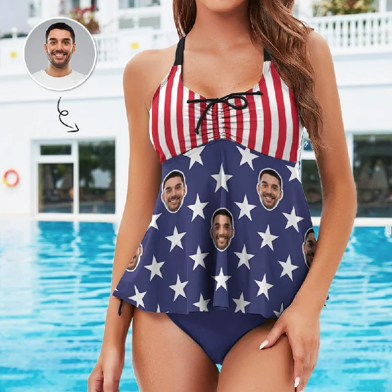 Plus Size Tankini Set Custom Face Flag Swimsuit Personalized Womens Bathing Suit Chest Drawstring Swim Dress 2 Piece Tankini Tie-Back Swimwear