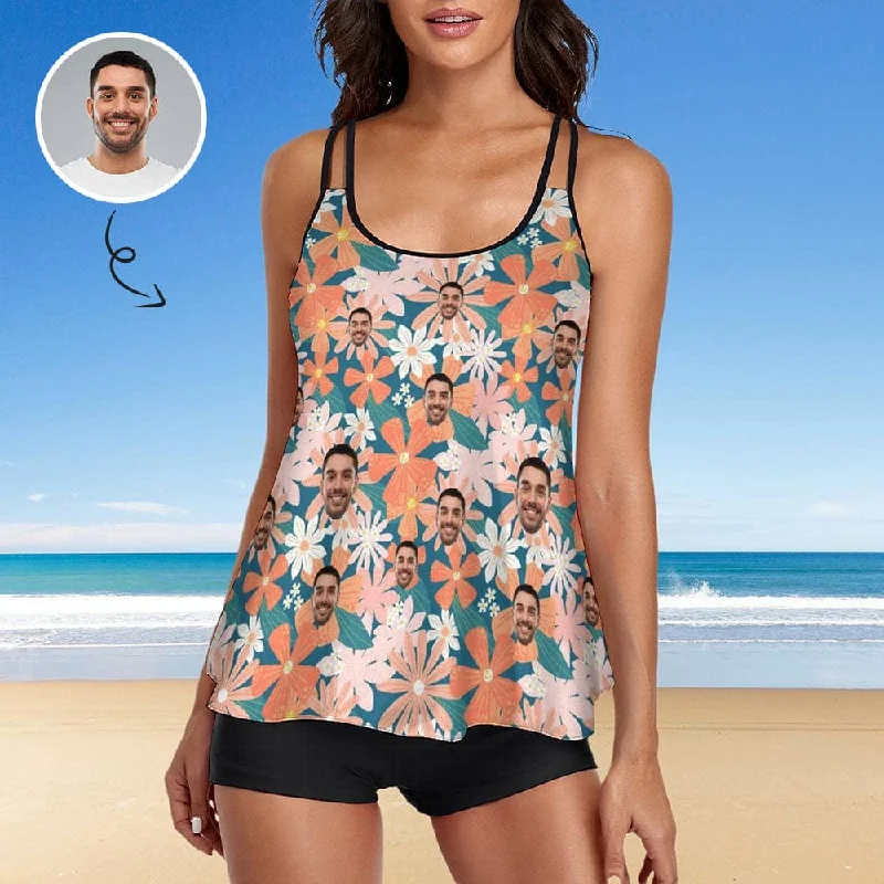 Custom Face Flower Swimwear Women Swimsuit Tankini Bathing Suit For Women 2 Piece Swmsuit High-Waisted Swim Bottoms