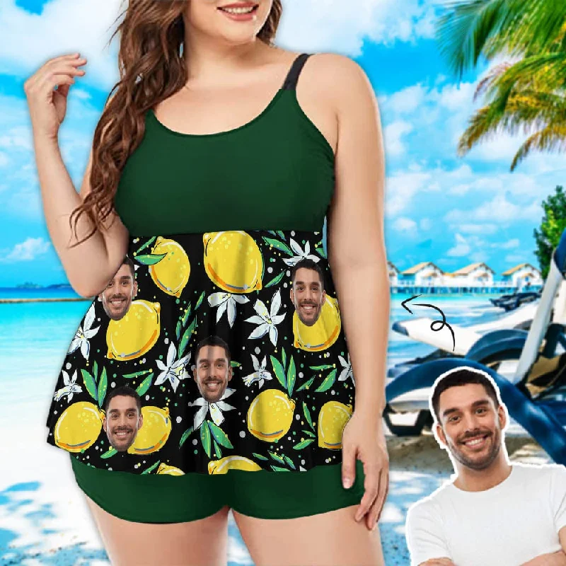 Plus Size Custom Face Lemon Green Bathing Suit Women's Tankini Swimsuit 2 Piece Swmsuit For Women Beachy Ruffle Bikini