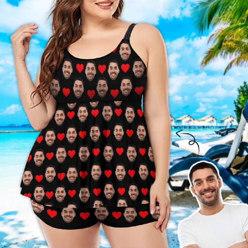 Plus Size Custom Face Love Heart Swimsuit Chest Pleat Swim Dress Women's 2 Piece Tankini Bathing Suit Casual Swim Dress