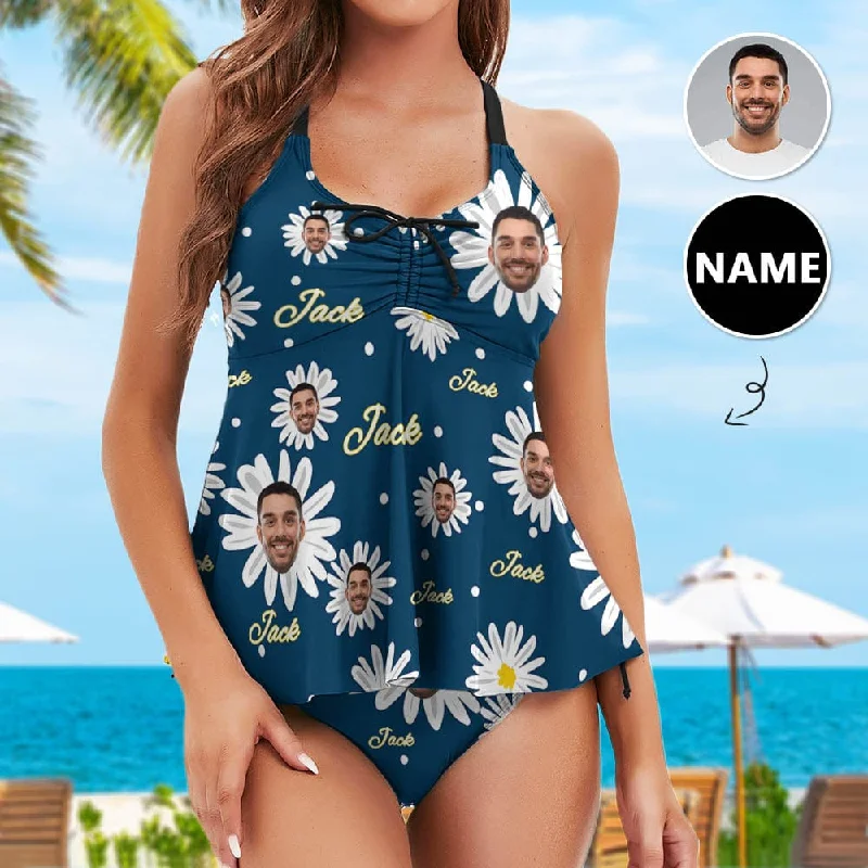 Plus Size Tankini Set Custom Face&Name Daisy Swimsuit Personalized Womens Bathing Suit Chest Drawstring Swim Dress 2 Piece Tankini Strappy Back Bikini