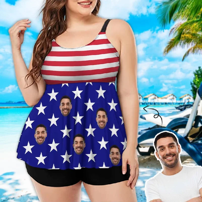 Plus Size Custom Face Flag Pentagram Swimsuit Chest Pleat Swim Dress Women's 2 Piece Tankini Bathing Suit Flirty Ruffle Swimsuit