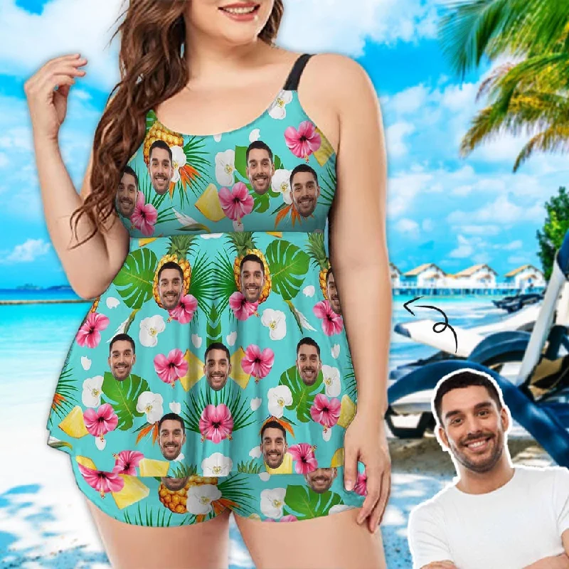 Plus Size Custom Face Pineapple Leaf Swimsuit Chest Pleat Swim Dress Women's 2 Piece Tankini Bathing Suit Flirty Ruffle Swimsuit