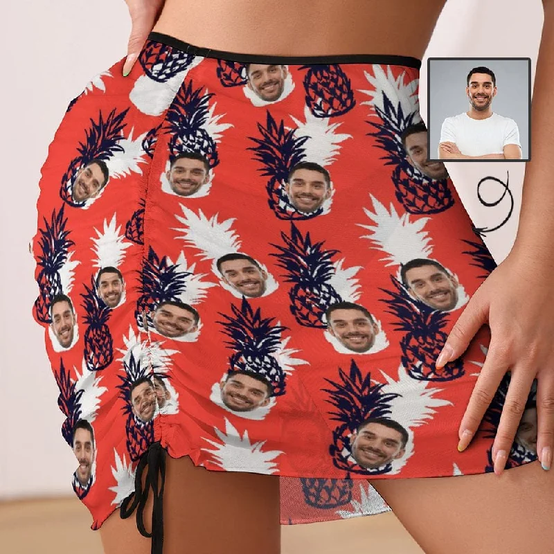 Custom Face Red Beach Skirt Women's Swimwear Short Dress Pineapple Pattern Swimsuit Bottom Personalized Women's Swim Dress Short Skirt Cross-Back Bikini