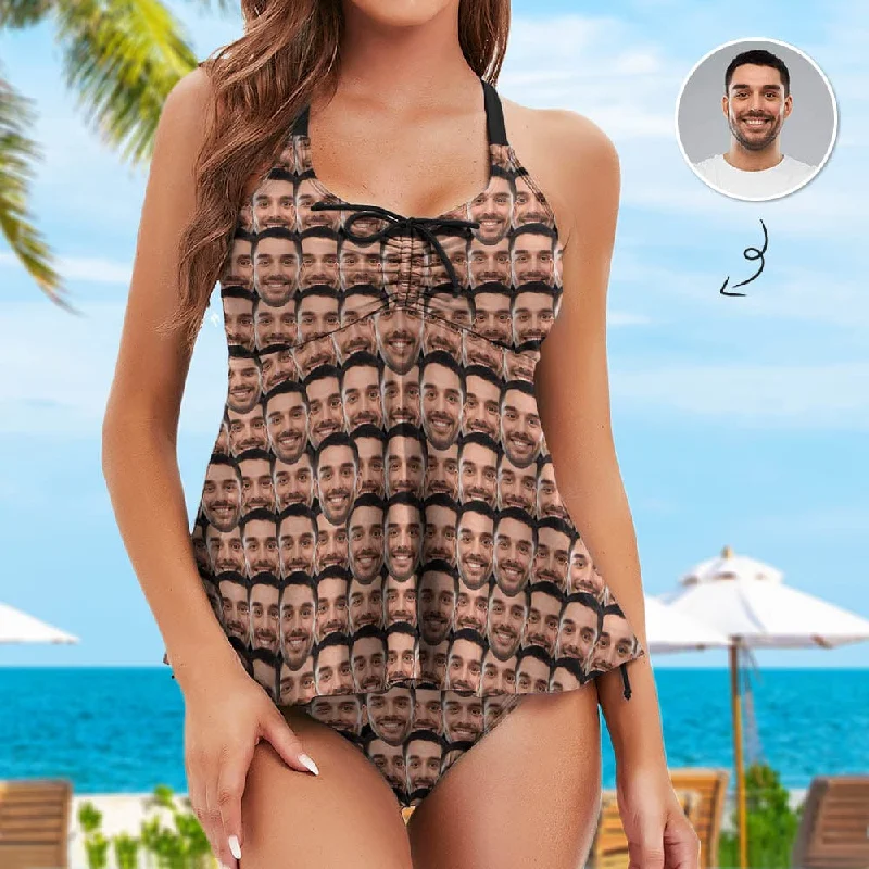 Plus Size Tankini Set Custom Face Seamless Boyfriend Swimsuit Personalized Womens Bathing Suit Chest Drawstring Swim Dress 2 Piece Tankini Ruched Swimwear Set