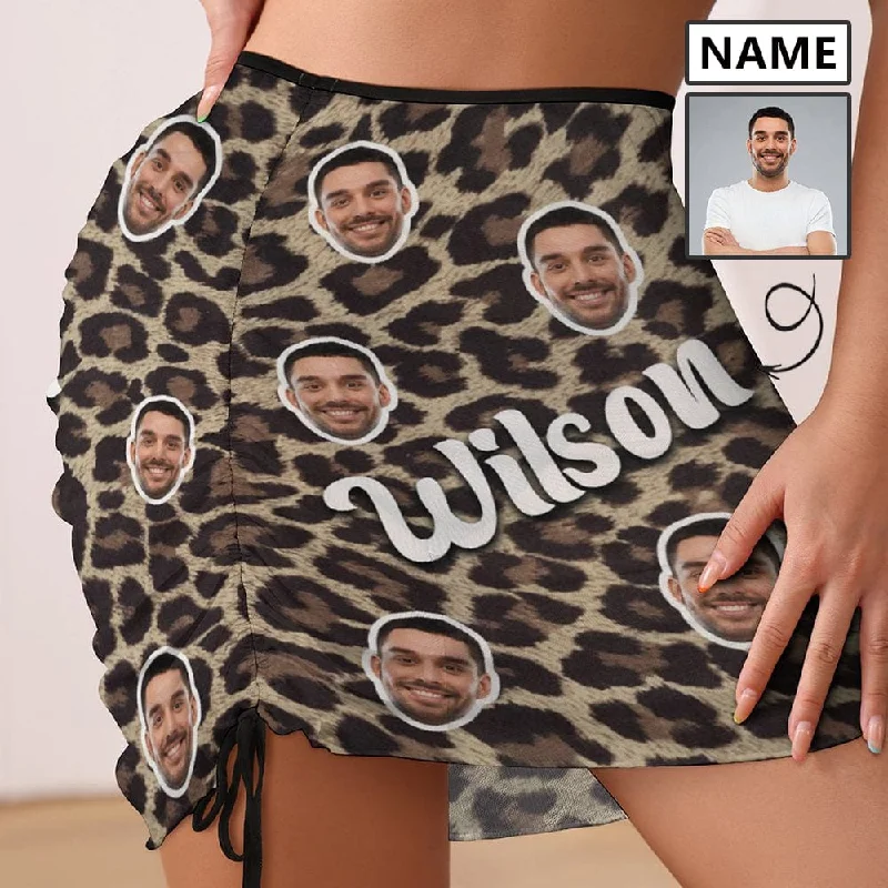 Custom Name&Face Leopard Print Beach Skirt Women's Swimwear Leopard Short Dress Pineapple Pattern Swimsuit Bottom Personalized Women's Swim Dress Short Skirt Push-Up Bikini Bottoms