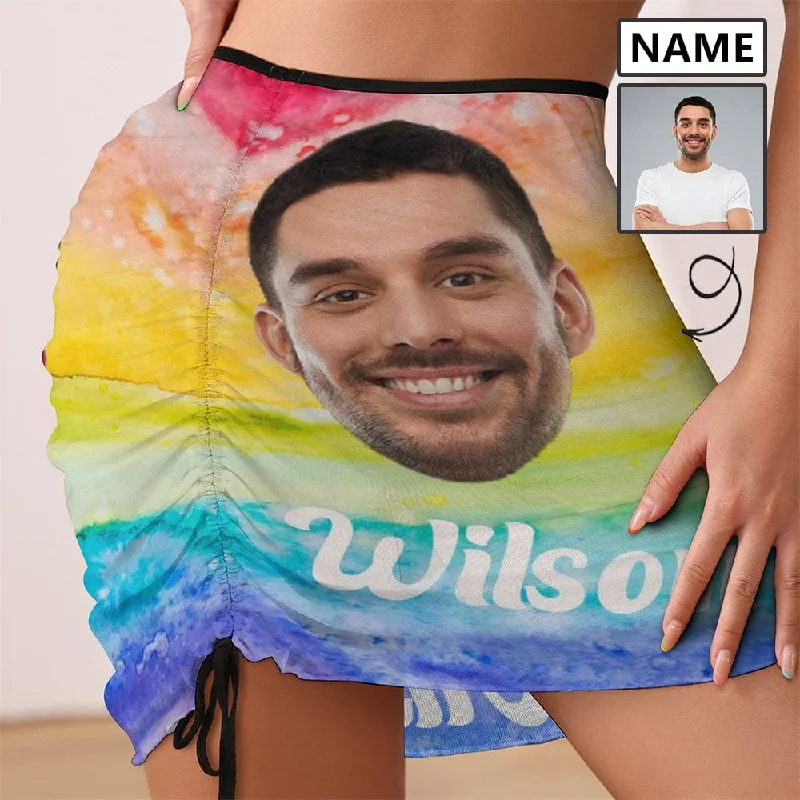 Custom Name&Face Rainbow Color Beach Skirt Women's Swimwear Short Dress Swimsuit Bottom Personalized Women's Swim Dress Short Skirt Stylish Swimsuit Set