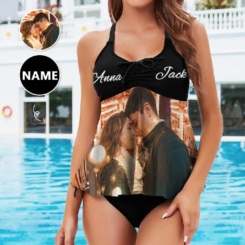 Plus Size Tankini Set Custom Photo&Name Sweet Swimsuit Personalized Womens Bathing Suit Chest Drawstring Swim Dress 2 Piece Tankini Sexy Cutout Swimsuit