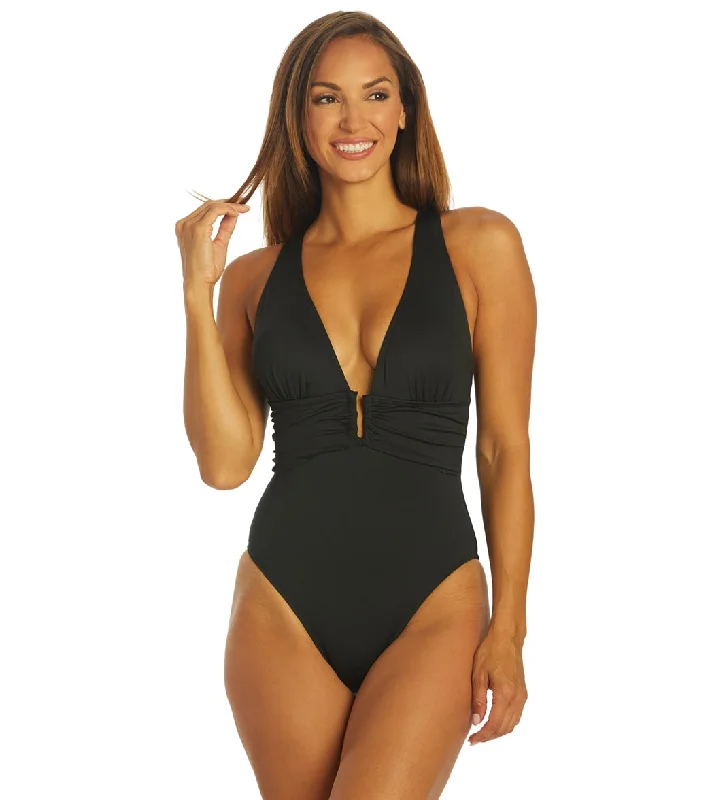 Dolfin Aquashape Women's Solid Contemporary Deep V-Neck One Piece Swimsuit Mesh Panel Swimwear