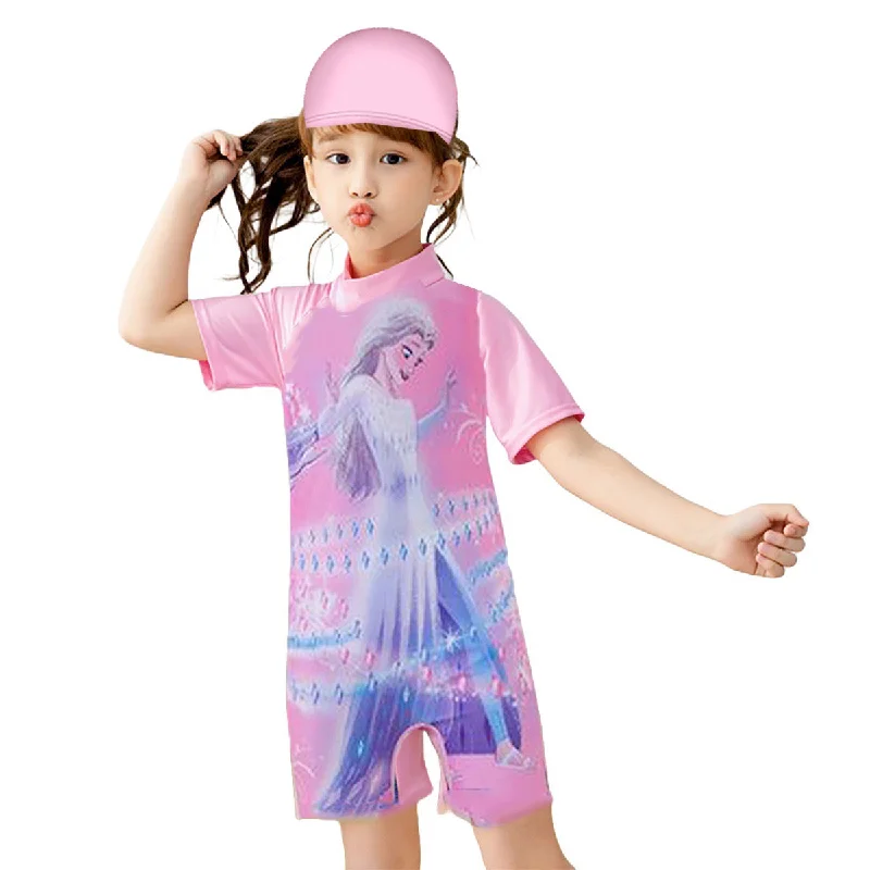 Fancydresswale frozen elsa Girls Swimsuits Short Sleeve Swimwear with Matching Cap - frozen Tie-Back Swimwear