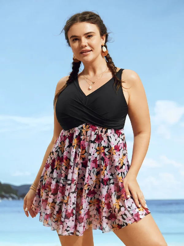 Floral Patchwork Mesh Crossover Swim Dress Beachy Ruffle Bikini