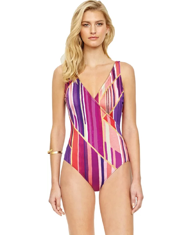Gottex Collection Art Deco Surplice One Piece Swimsuit Swim Dress with Belt