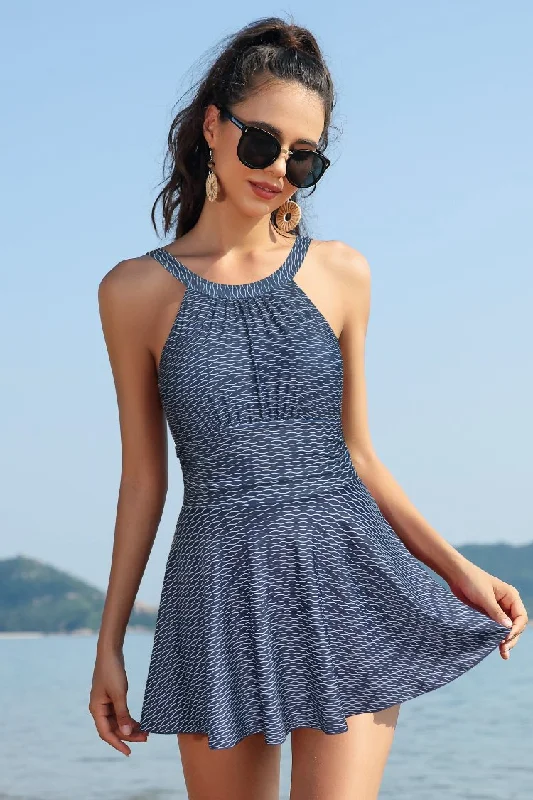 High Neck Ruched Swim Dresses For Women Trendy Swimwear Set