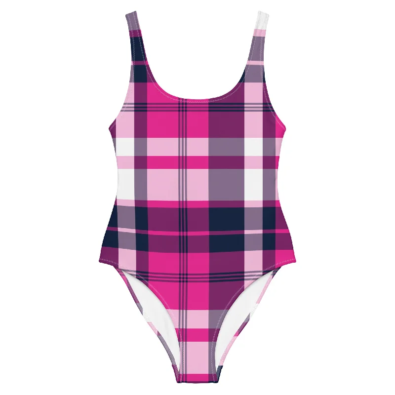 Hot Pink and Navy Blue Preppy Plaid One Piece Women's Swimsuit Tropical Print One-Piece Hot Pink and Navy Blue Preppy Plaid One Piece Women's Swimsuit Tropical Print One-Piece