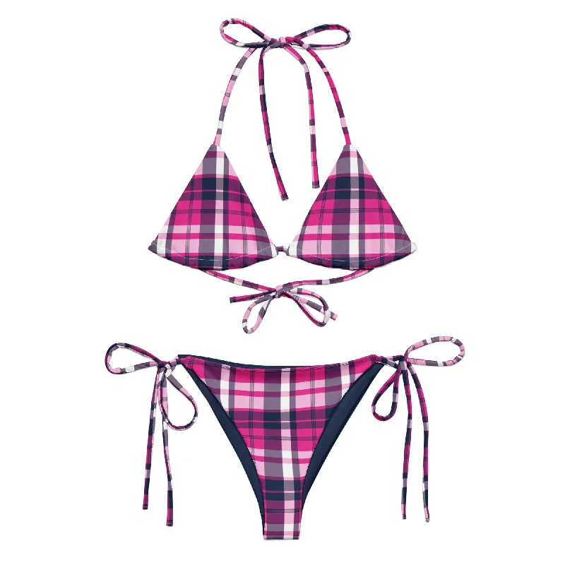 Hot Pink and Navy Blue Preppy Surfer Girl Plaid String Bikini Swimsuit Classic Sporty Swimsuit